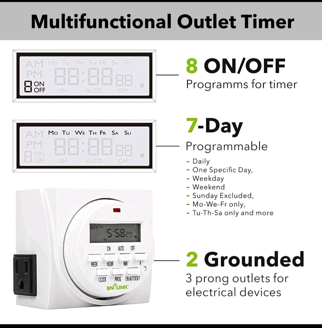 BN-LINK Heavy Duty Digital Electric Programmable Dual Outlet Timer Plug Indoor