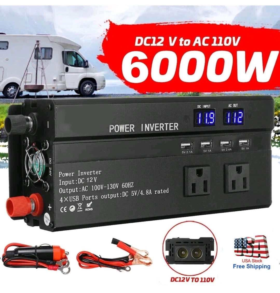 6000W LCD Car Power Inverter DC 12V To AC 110V Pure Sine Wave Solar Converter