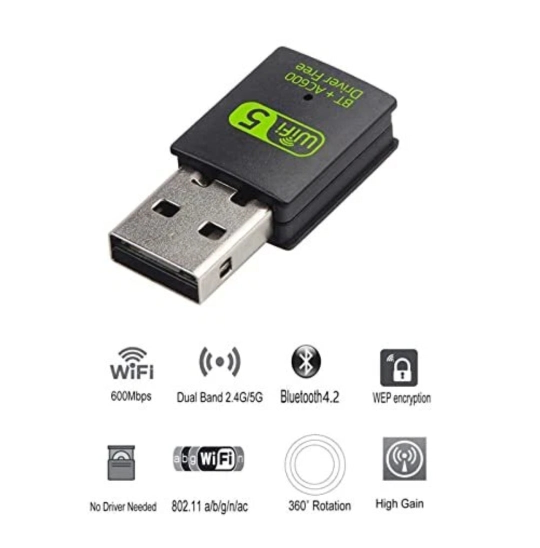 Dual band+Bluetooth USB Adapter WiFi2.4G/5.8G (600M) + Bluetooth Built-in antenna (Free Driver)