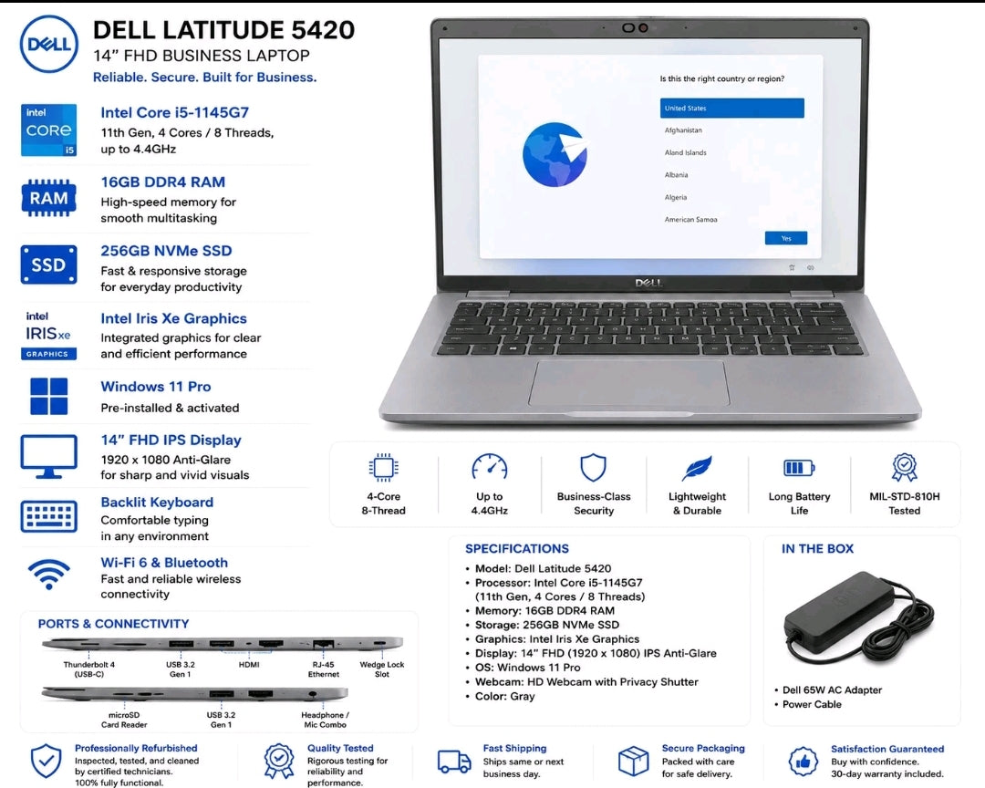 Dell Latitude 5420 14” FHD Laptop Intel i5-1145G7 16GB RAM 256GB SSD