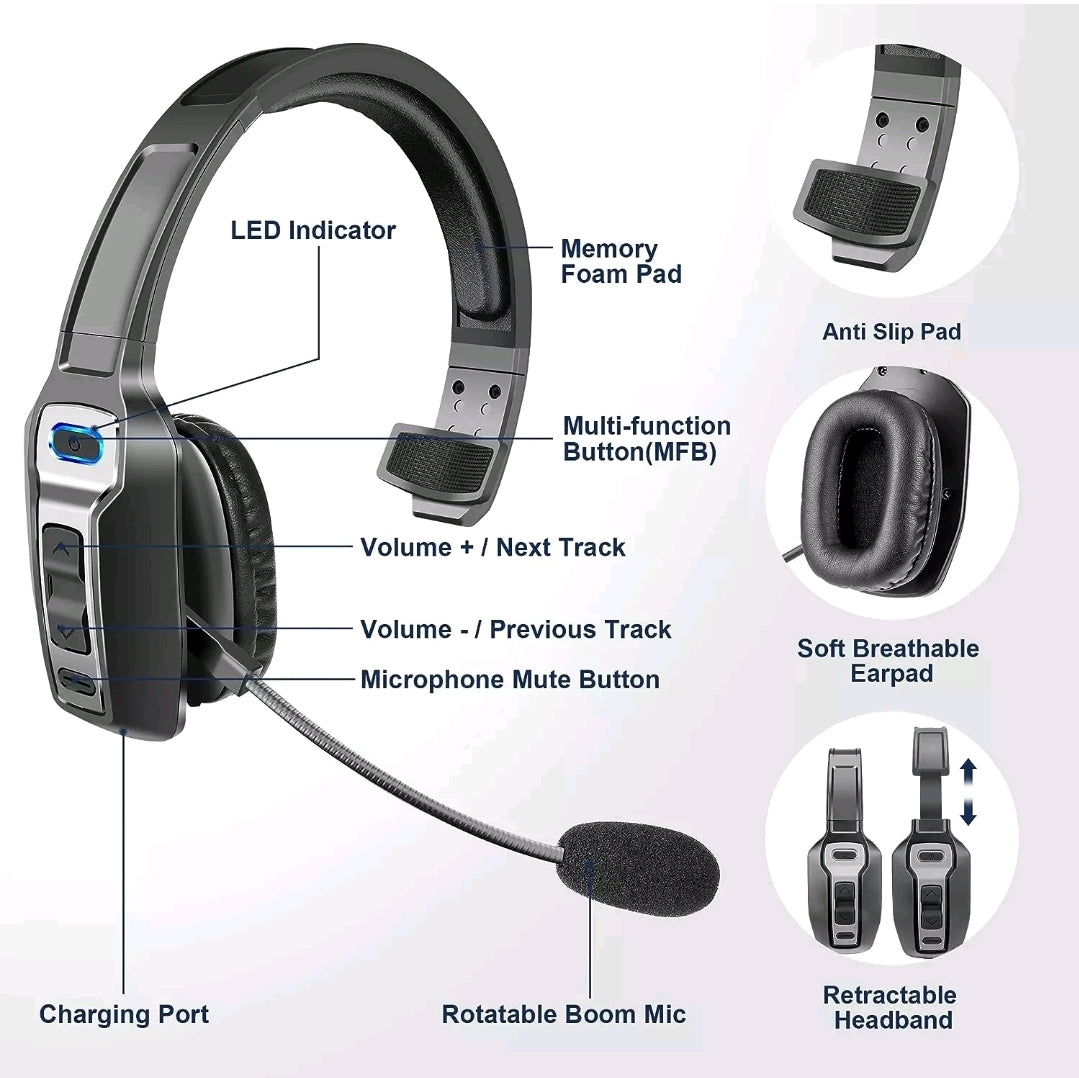Trucker Bluetooth 5.2 Wireless Headset With Noise Canceling Mic For Phones PC kh-23