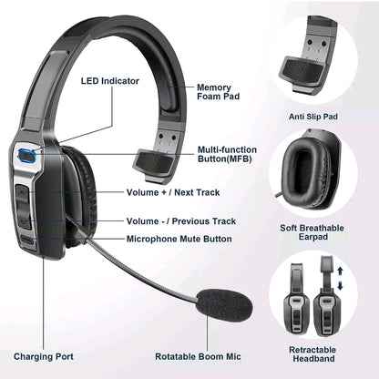 Trucker Bluetooth 5.2 Wireless Headset With Noise Canceling Mic For Phones PC kh-23
