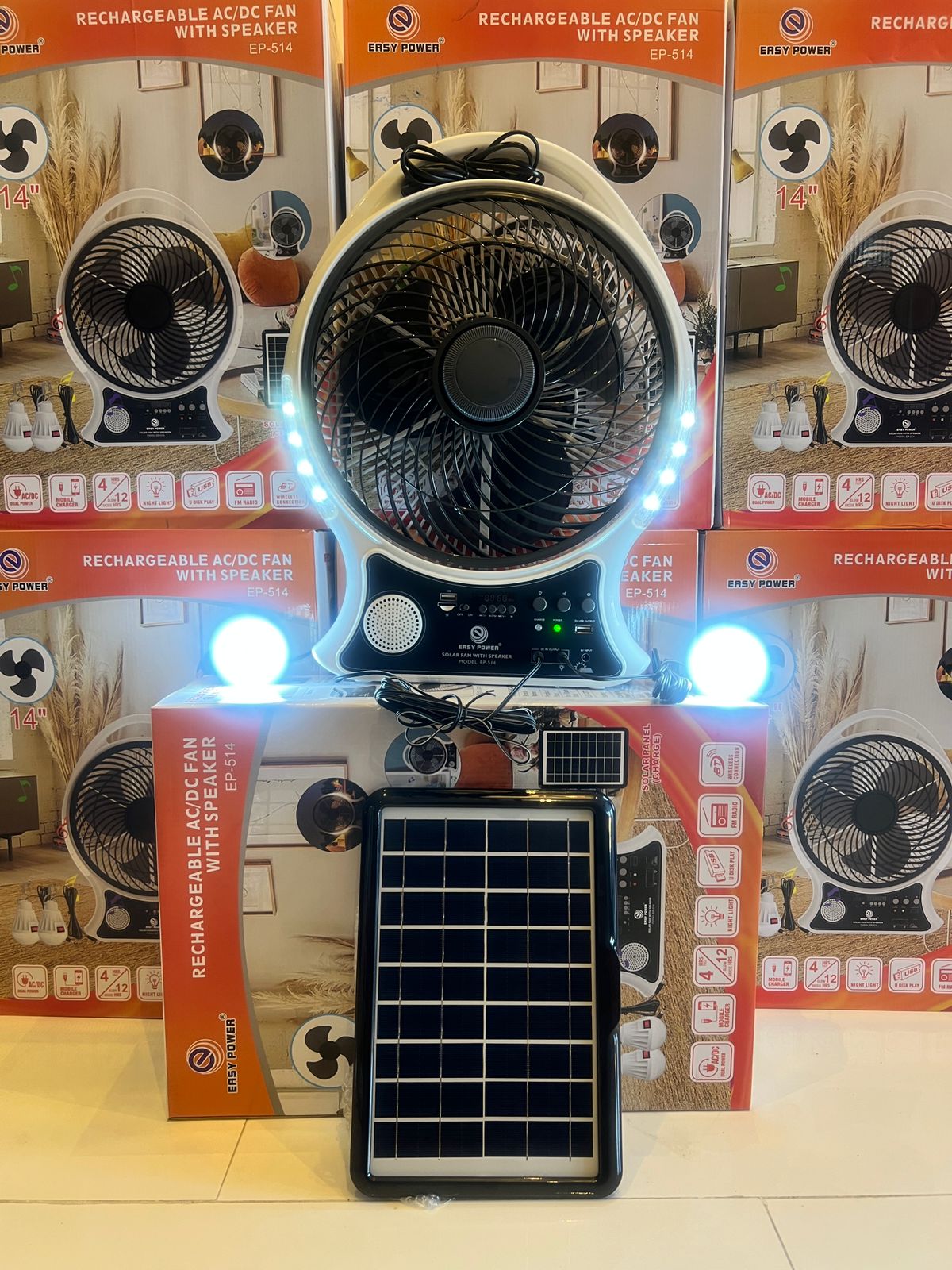 14 inch Solar fan with Bluetooth, Fm Radio, light bulbs, 5v USB Output, and night lights,

Working time:
Fan only 4-10 hours
Speakers only 10-18 hours