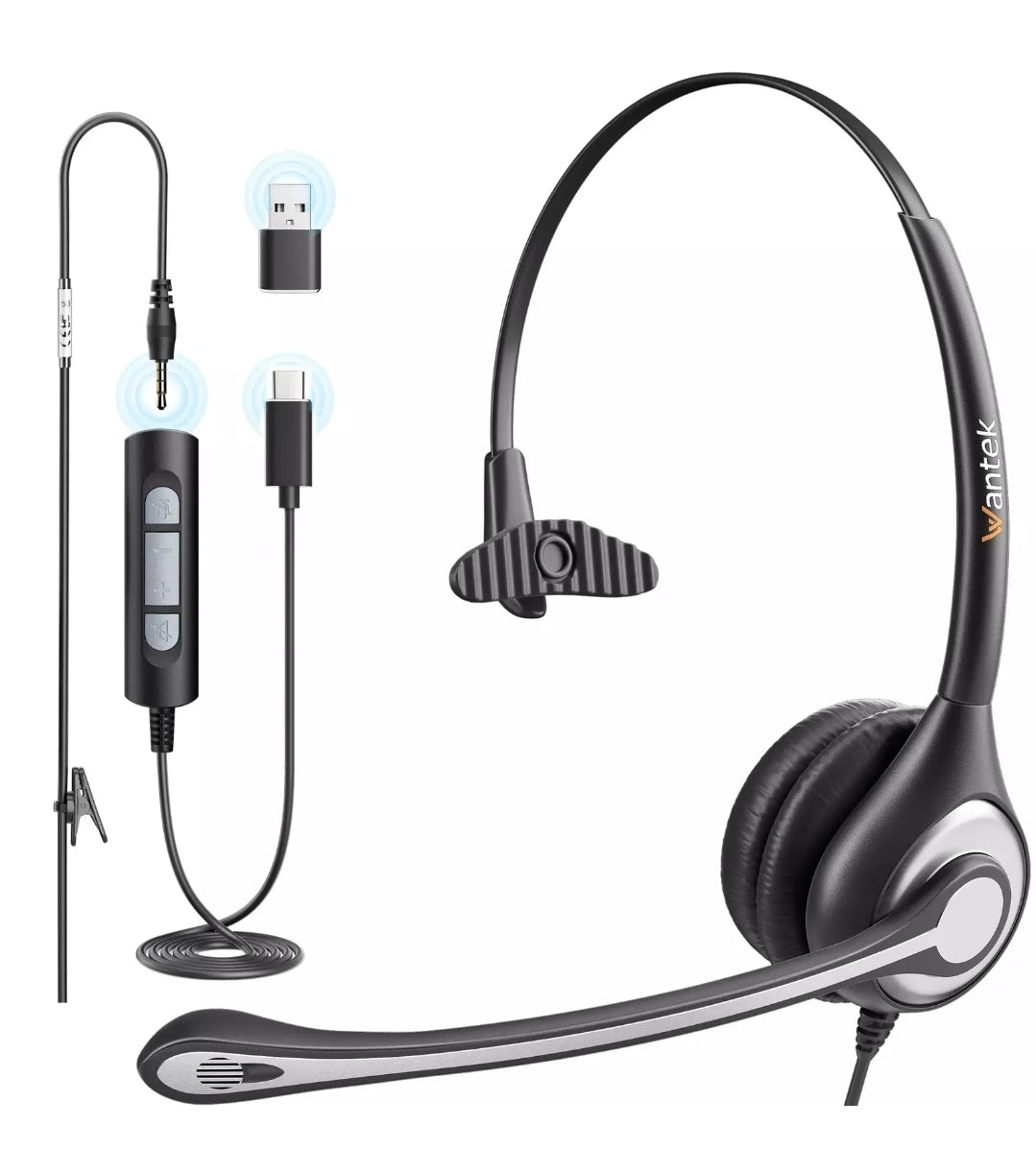 Wantek USB Headset with Microphone for PC Computer Headset, Single Ear Headset