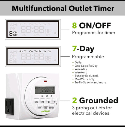 BN-LINK Heavy Duty Digital Electric Programmable Dual Outlet Timer Plug Indoor