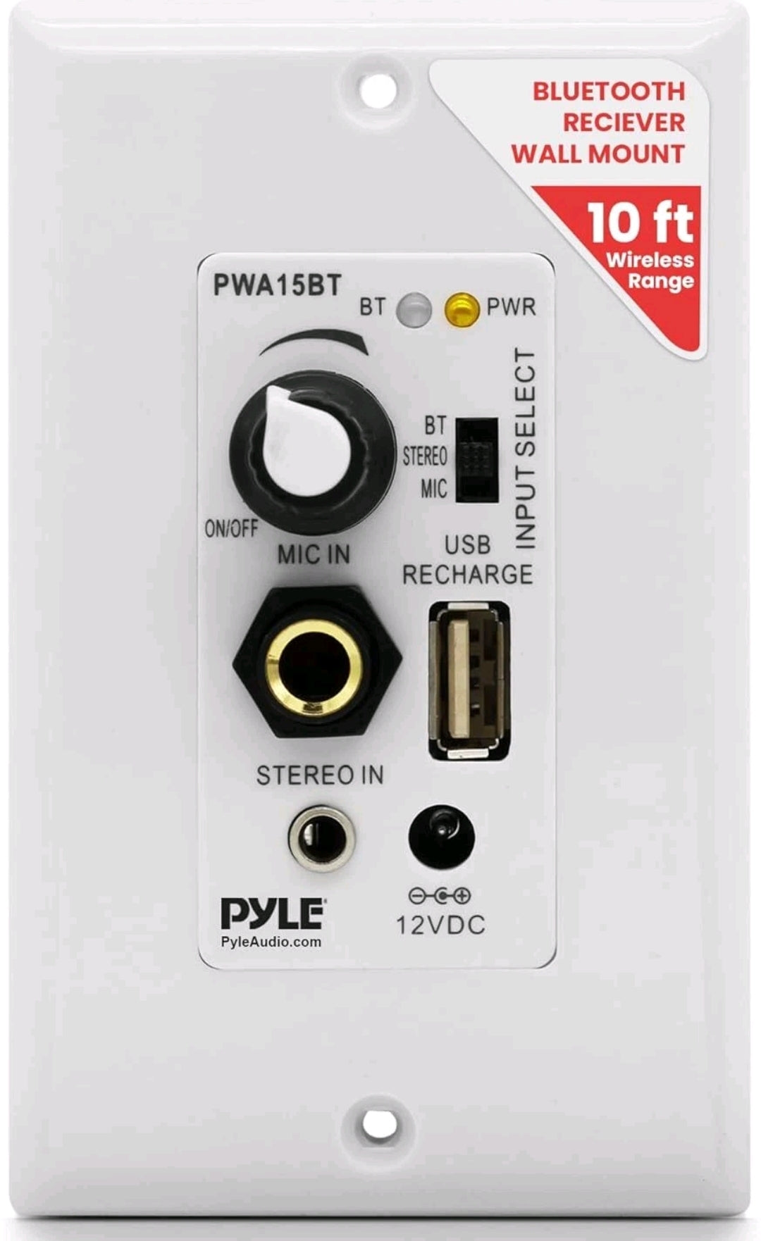 Pyle Wireless BT Receiver Wall Mount - 100W In-Wall Audio Control Receiver w/ Bu